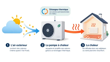 Schéma de fonctionnement d’une pompe à chaleur air/eau, de la captation des calories jusqu’au chauffage du logement